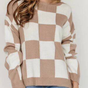 Gilli Beige‎ Taupe and Ivory Bella Checkered Sweater Size Medium